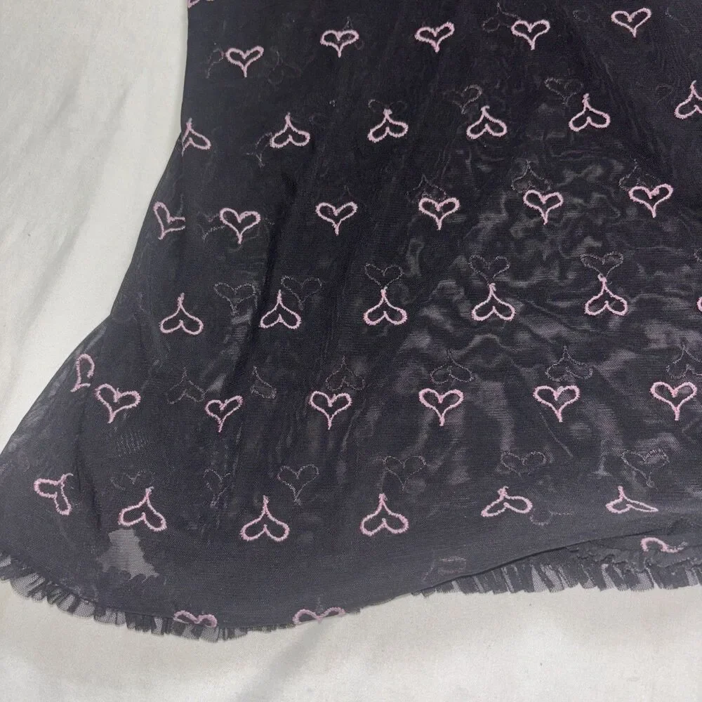Romantic Erotic Babydoll Lingerie 36B M Black Pink Heart Sheer Lace Trim Sexy W